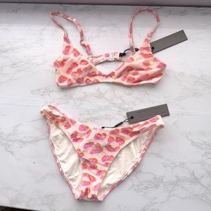 Triangl bikini, velvet with pink and orange print. Size small top/bottom